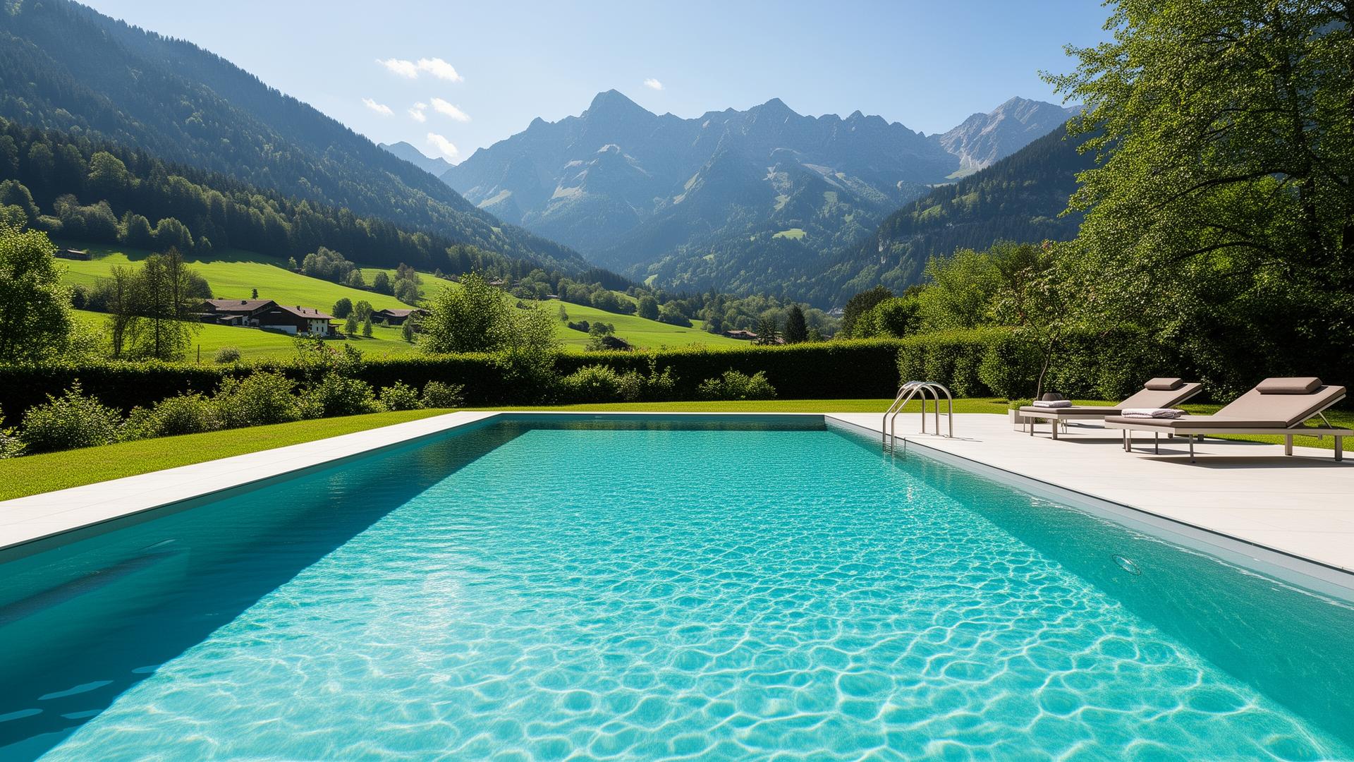 Piscine luxueuse au crépuscule en Suisse romande
